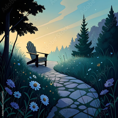 Rustic garden chair among wildflowers in golden hour sunlight