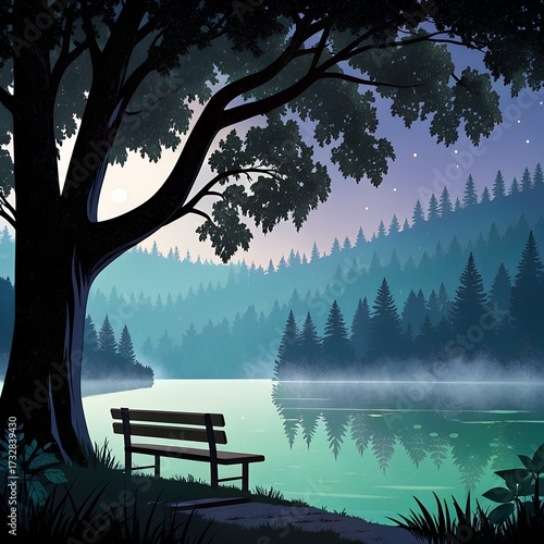 Wooden bench under tree by misty lake in lush forest at sunrise
