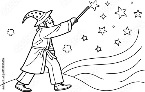Cartoon Wizard Casting a Spell with a Magic Wand Surrounded by Stars Illustration