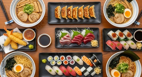 Wallpaper Mural Delicious assortment of Japanese food including ramen, sushi, sashimi, and gyoza, perfect for a culinary experience Torontodigital.ca