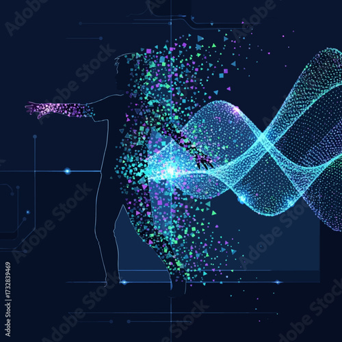 Futuristic concept of a human silhouette dissolving into a stream of glowing particles, symbolizing digital transformation and scientific innovation