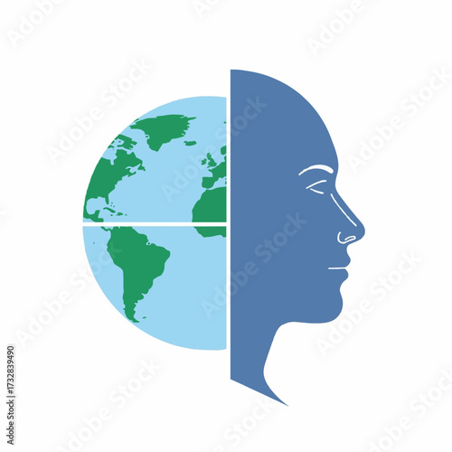 Human head silhouette merged with the Earth globe icon, a concept for ecology, globalization, psychology, and world view