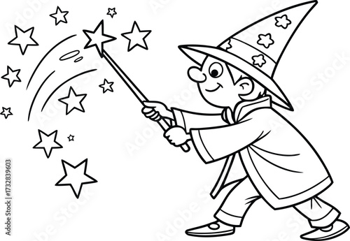 Enchanting Wizard Cartoon Conjuring Stars with a Magic Wand Fantasy and Imagination Unleashed