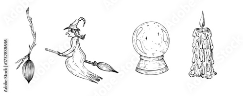 Vector set with candle, witch flying on a broom witch hat, crystal ball to predict the fate. Hand painted linear illustration of Guessing for the future. Graphic monochrome halloween sketch isolated