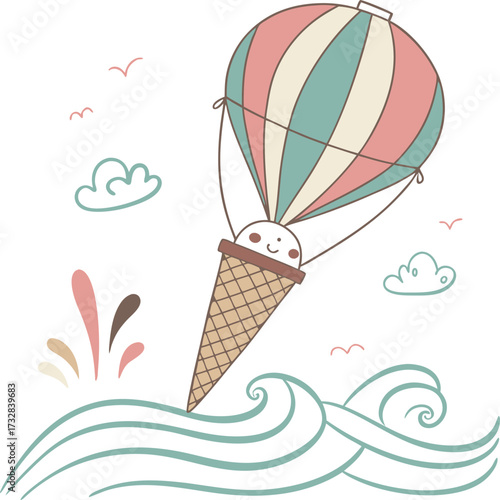 Cute Ice Cream Cone Hot Air Balloon Floating Over Ocean Waves