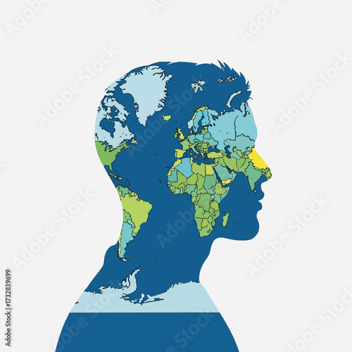 A silhouette of a human head containing a colorful world map, a concept for travel, international business, and unity