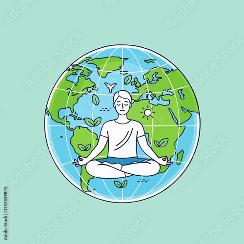 Vector illustration of a man meditating in a lotus pose inside the Earth, symbolizing harmony with nature, global wellbeing, and inner peace