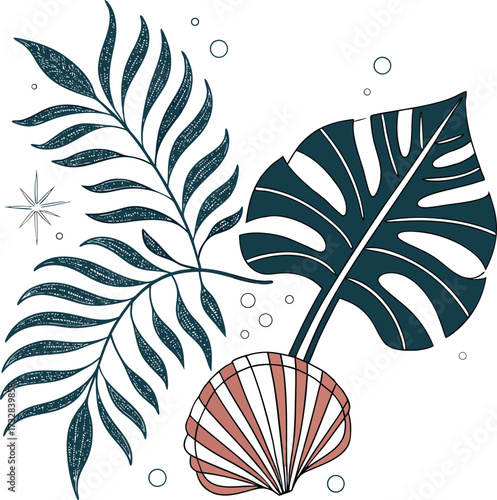 Elegant summer composition with tropical leaves and seashell illustration