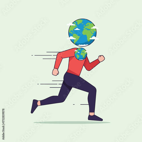 Conceptual illustration of a running figure with planet Earth for a head, symbolizing the urgent global race for sustainability and climate action
