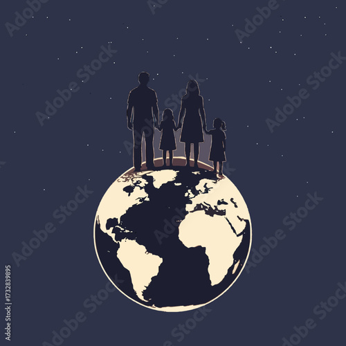 Conceptual illustration of a family silhouette holding hands on top of planet Earth, representing global unity, hope, and a shared future