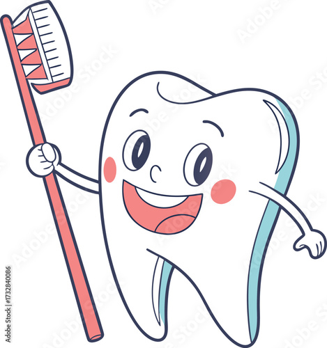 Happy cartoon tooth character with toothbrush promotes dental hygiene education