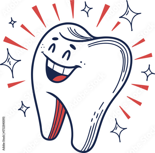 Happy Healthy Tooth Cartoon Character with Sparkles and Smiling Face