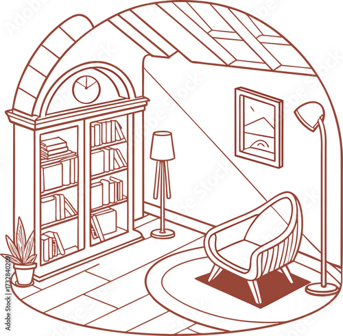 Isometric Living Room Interior Design Illustration with Bookcase and Armchair