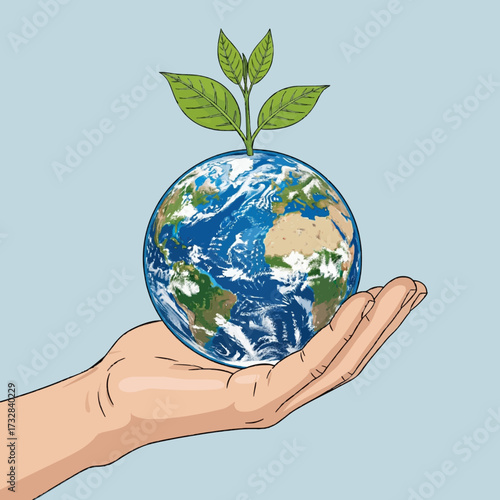 A human hand carefully holding the planet Earth with a green plant sprout, symbolizing environmental conservation, sustainability, and care for nature