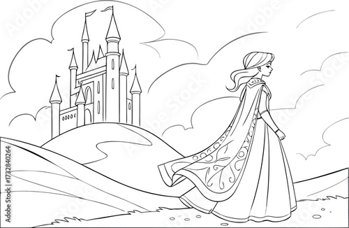 Whimsical Princess Scene Awaiting Color A Classic Fairytale Coloring Page Ideal for Children