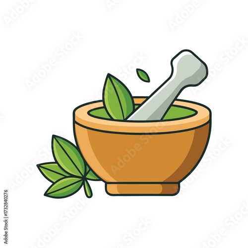 Mortar and pestle with green leaves alternative medicine illustration