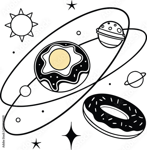 Whimsical donut themed solar system illustration with planets and stars