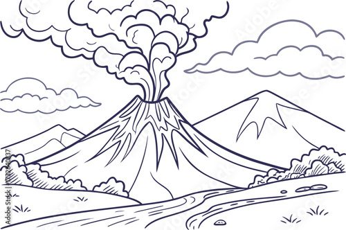 Detailed Volcano Landscape Drawing Erupting with River Mountain and Cloud Background