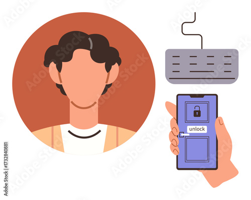 Persons face scanned with phone for facial recognition unlock, paired with keypad. Ideal for identity verification, digital security, personalized access, cybersecurity, biometrics, data privacy