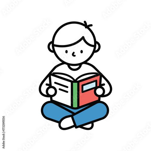 Simple cartoon child sitting cross legged reading an open book isolated on white background