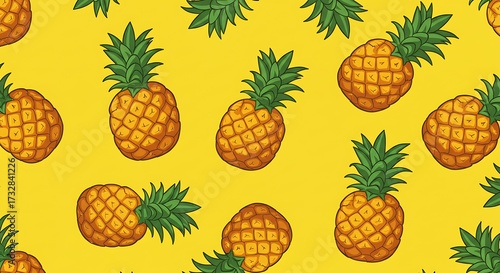 Vibrant pineapple pattern illustration on bright yellow background design