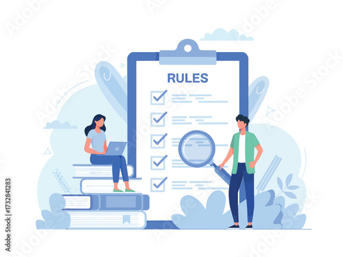 Business compliance concept with checklist rules and magnifying glass examining regulations isolated on white background