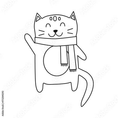 Cute outline hand drawn welcoming cat in scarf isolated on white background.