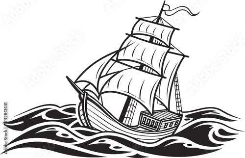Monochrome Ship Illustration of a Classic Sailboat in the Ocean Waves