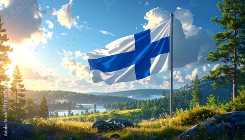 A Finnish flag billows in a bright blue sky above a forested landscape and lake under the warm glow of the sun