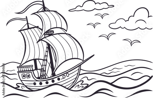 A Majestic Sailing Ship on the Open Seas Black and White Nautical Illustration