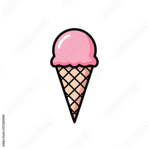 A single scoop of pink strawberry flavored frozen dessert in a waffle cone isolated on white background