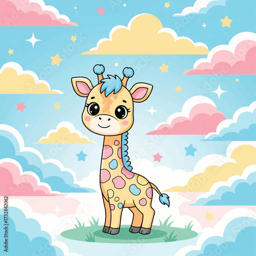 Adorable Giraffe Cartoon Character with Pastel Clouds and Stars Background