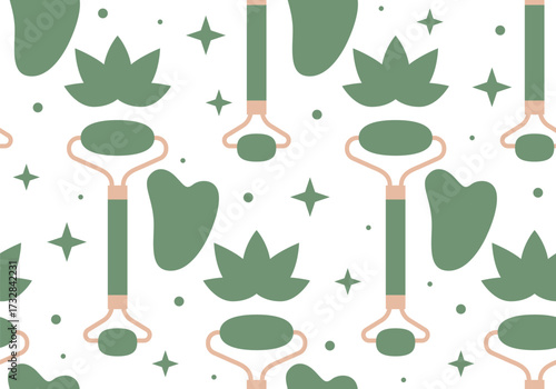 Seamless pattern with gua sha and face roller. Skincare seamless pattern. Vector illustration