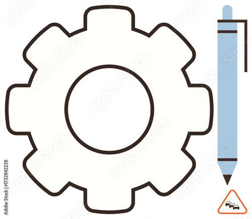 Large gear symbolizes mechanics, pen denotes creativity and writing, triangular road sign suggests warning or caution. Ideal for engineering, innovation, design, caution, creativity, mechanics
