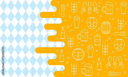 Oktoberfest background with beer symbols, icons, signs. Beer mug, bottle, glass. Beer holiday. Blue design. Oktoberfest yellow design for banners, posters, bar menu
