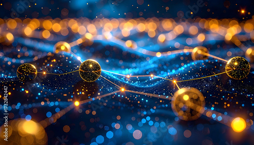 Abstract quantum network with glowing blue waves and golden spheres linked by lines, evoking molecular interaction, data flow, and futuristic connectivity.