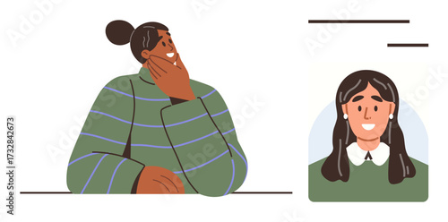 Woman in striped sweater sits thoughtfully, hand on chin, beside an image of another person. Ideal for communication, networking, decision-making, social media, evaluation, profiles personal growth