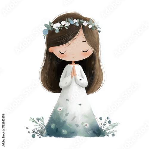 Young Girl Praying at First Holy Communion Watercolor Portrait Isolated on White Background