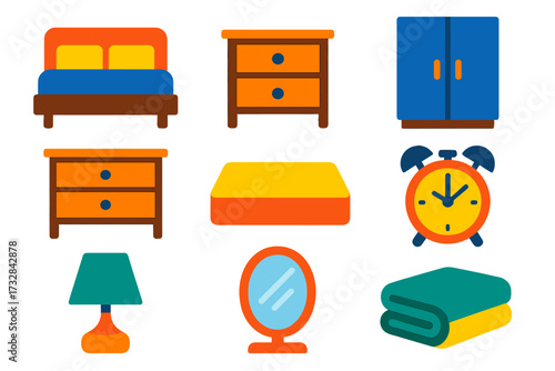 Modern Bedroom Icons. Flat vector icons of bedroom items: bed, nightstand, dresser, wardrobe, mattress, alarm clock, bedside lamp,