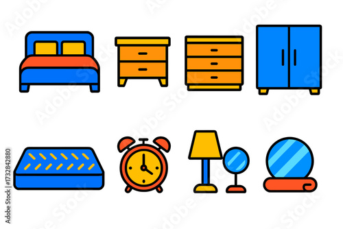 Modern Bedroom Icons. Flat vector icons of bedroom items: bed, nightstand, dresser, wardrobe, mattress, alarm clock, bedside lamp,