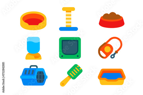 Minimalist Pet Icons. Flat vector icons of pet-related home items: pet bed, scratching post, food bowl, water dispenser, pet door,