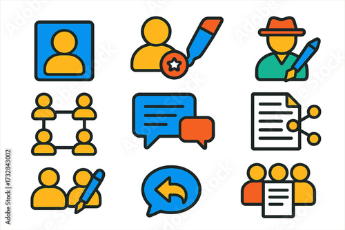 Vibrant Blog Icons. Flat vector icons of blog community: member profile, contributor badge, guest author, writer network,