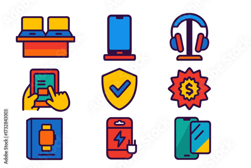 Electronics Shop Icons. Flat vector icons of electronics shops: laptop shelf, phone display, headphones stand, product demo,