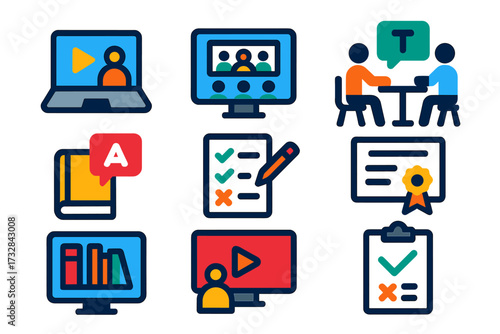 Educational Service Icons. Flat vector icons of educational services: online courses, virtual classroom, tutoring session,