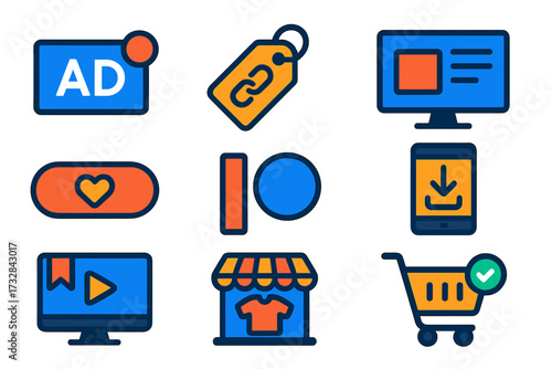 Monetization Icons Set. Flat vector icons of blog monetization: ad banner, affiliate tag, product mention, donation button,