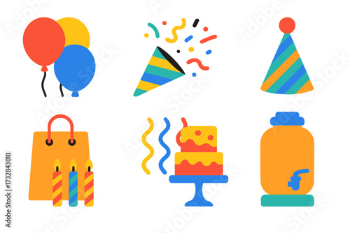 Bright Party Icons. Flat vector icons of party products: balloons, confetti popper, party hat, gift bag, streamers, cake stand,