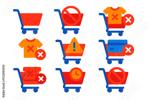 Cart Error Icons. Flat vector icons of cart error states: cart empty, cart unavailable, out of stock in cart, item error icon,