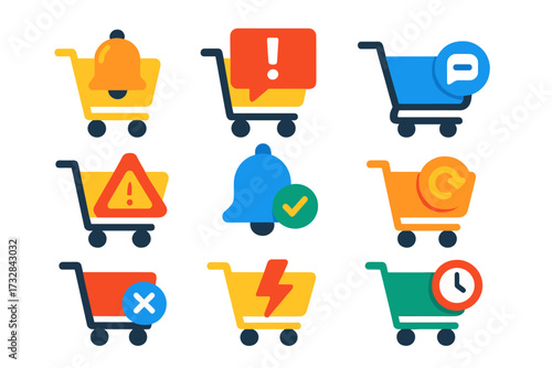 Vibrant Cart Notifications. Flat vector icons of cart notifications: cart reminder bell, cart alert pop-up, cart with message icon