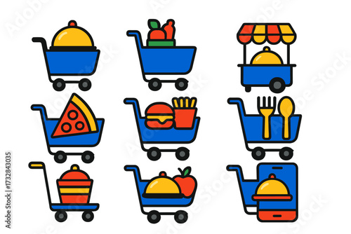 Colorful Food Cart Icons. Flat vector icons of cart for food ordering: food tray cart, grocery bag cart, restaurant cart, cart