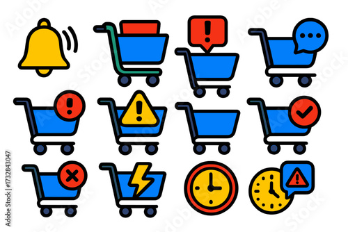 Vibrant Cart Notifications. Flat vector icons of cart notifications: cart reminder bell, cart alert pop-up, cart with message icon